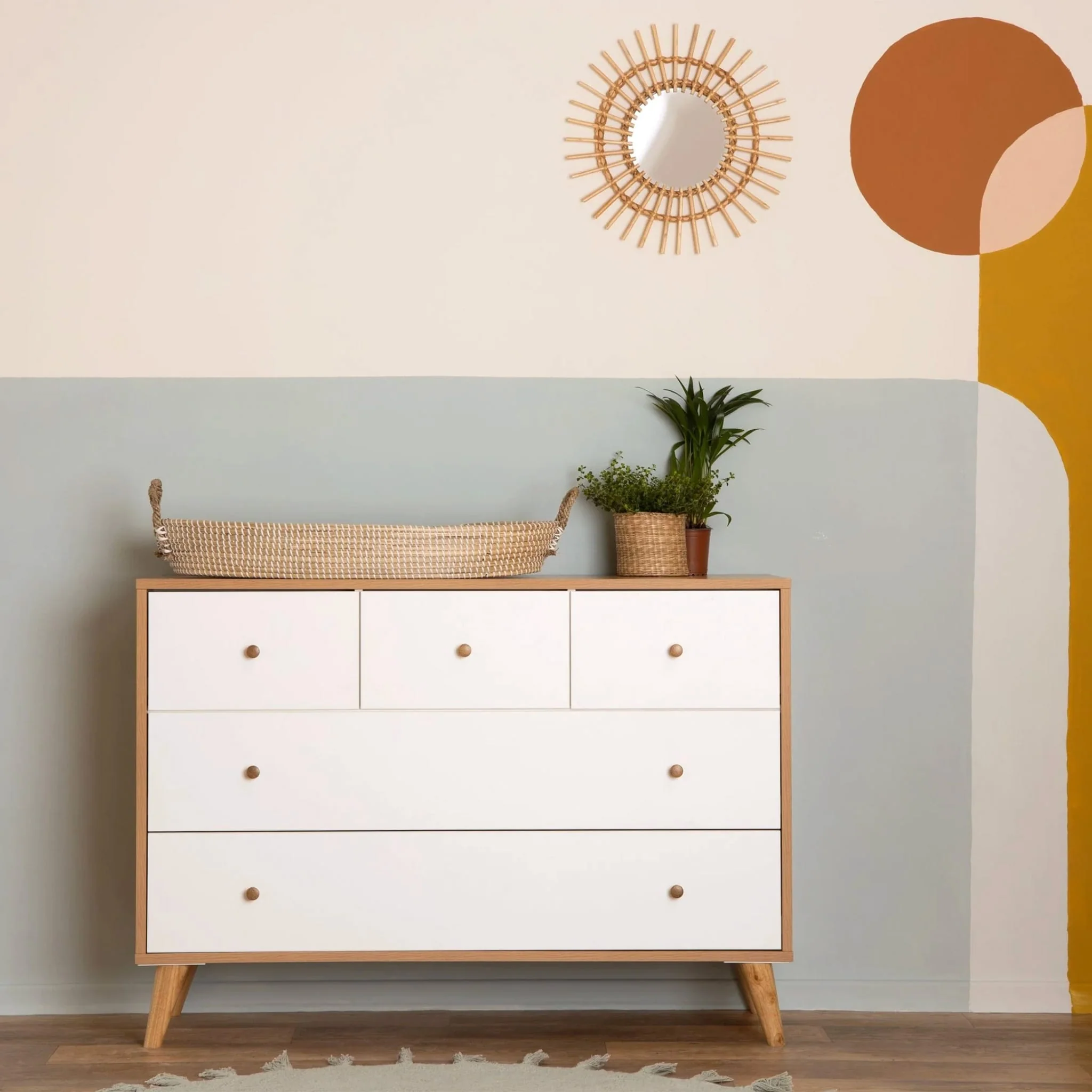 Commode 5 Tiroirs Austin - Blanc/ Chêne rouge - Image 2