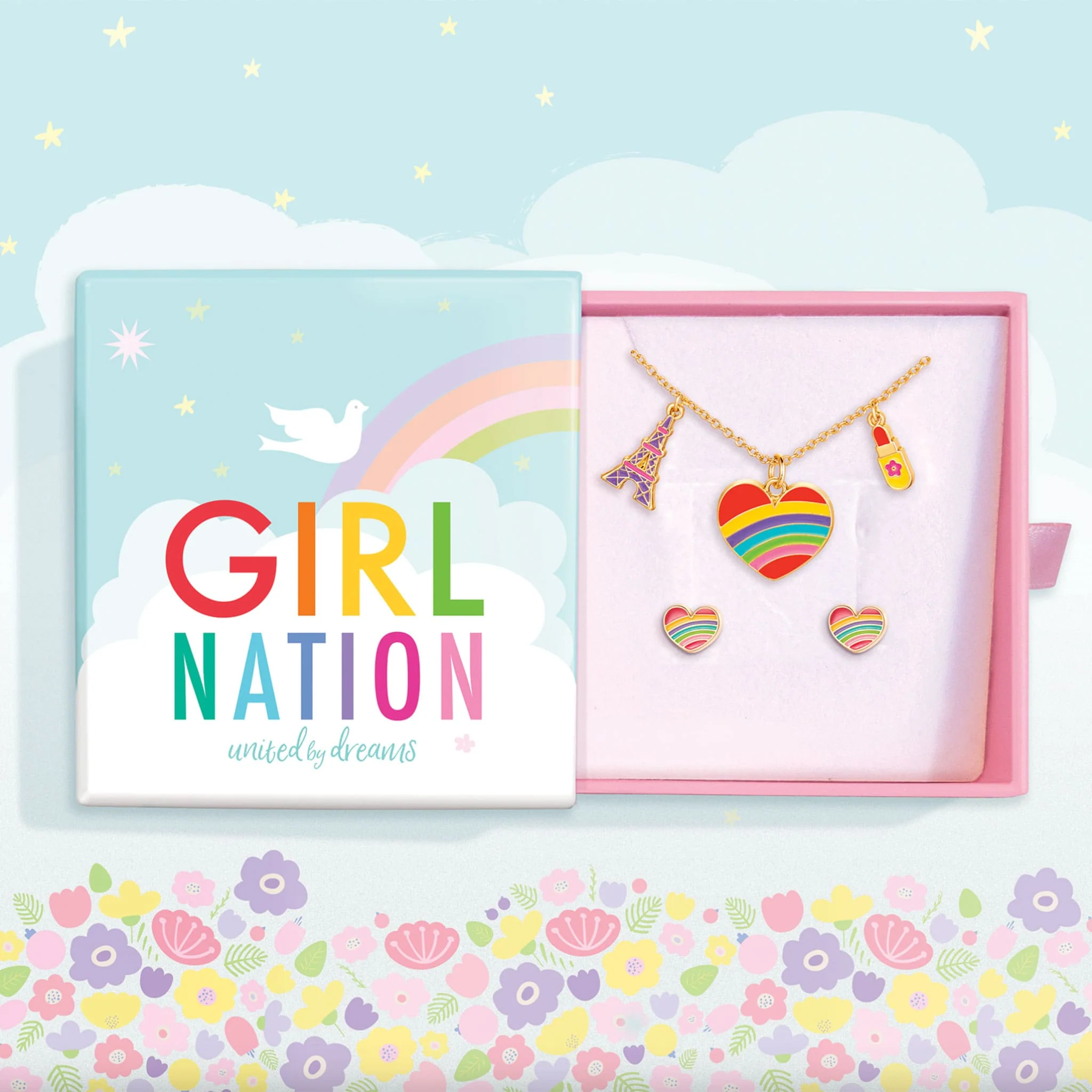 Coffret Cadeau Collier et Boucles d'oreilles de fantaisie - Coeur arc-en-ciel