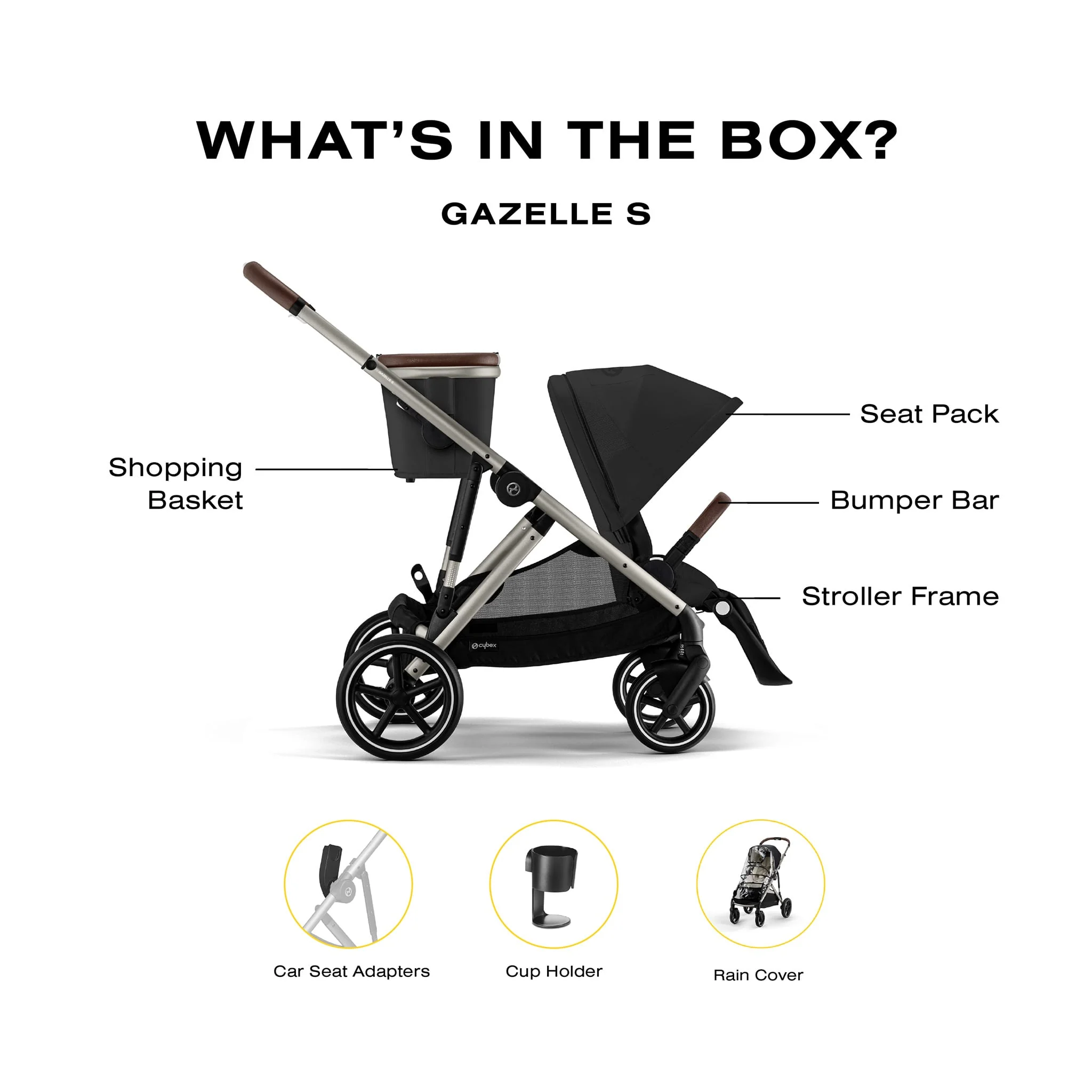 Poussette Gazelle S – Châssis Taupe avec siège Noir Moon - Image 12